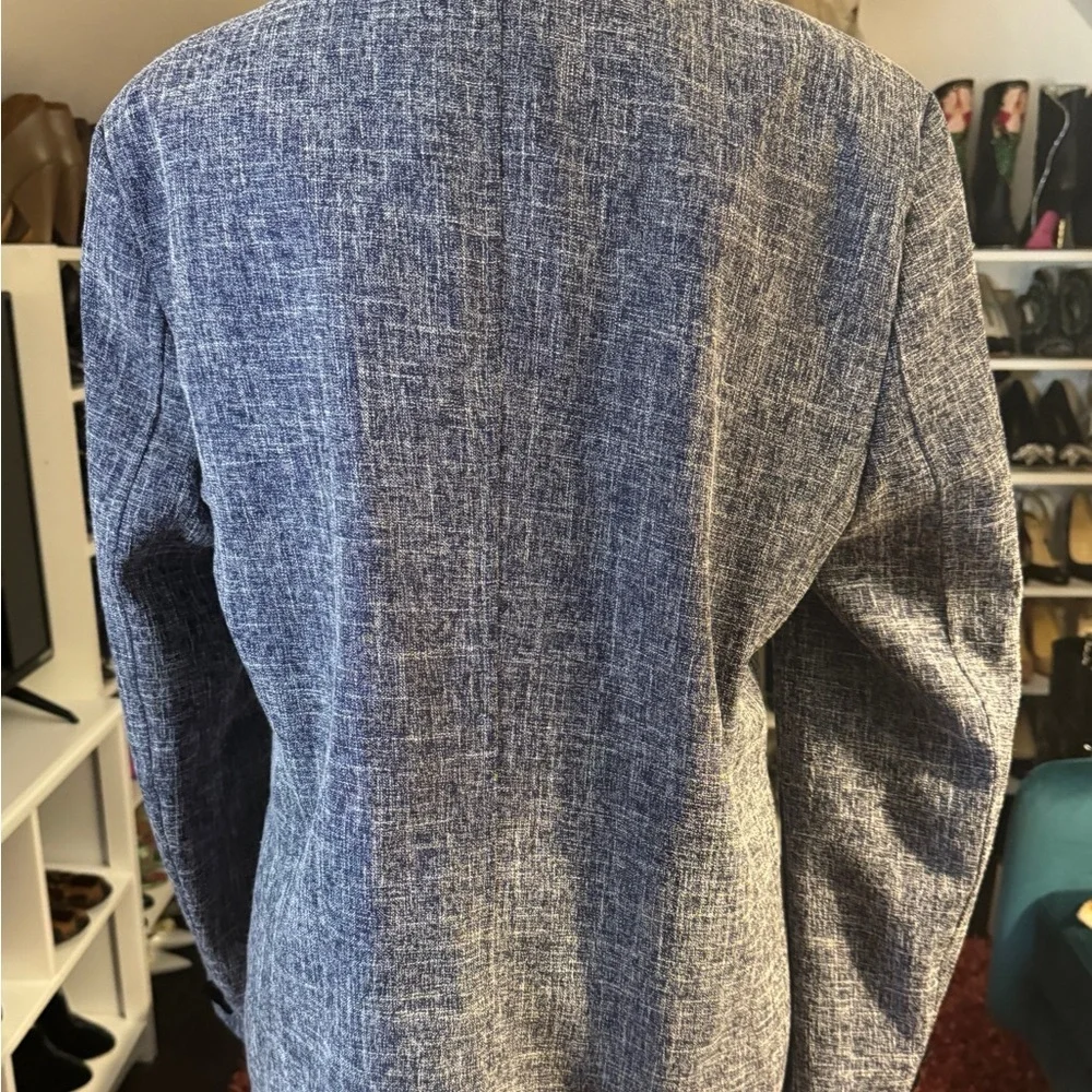 Boutique Tweed Blazer Navy Black Velvet Trim Tailored Career Jacket Size 6